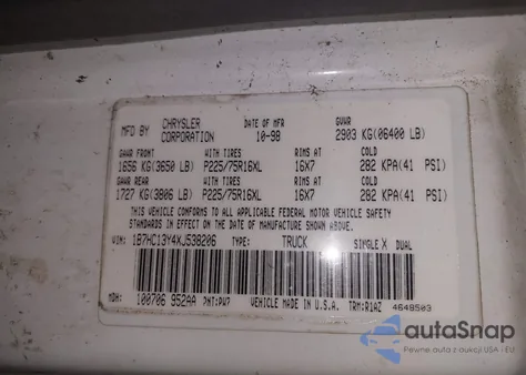 1999 Dodge Ram 1500 St z USA, uszkodzony, nr VIN 1B7HC13Y4XJ538206